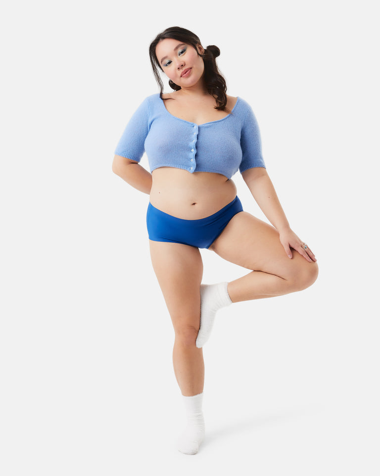 teen wearing blue leakproof period underwear